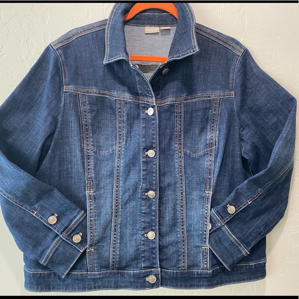 Chico’s dark denim jean jacket Sz 3P see chart in pics